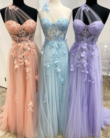 Lilac One Shoulder Split Long 2025 Flower Graduation School Party Gown Celebrity Prom Dresses LA71881