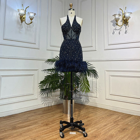 Lilac Sexy Mermaid Halter Off Shoulder Short Evening Dresses Luxury Beaded Feather Mini Gowns 2025 For Women Party LA72037