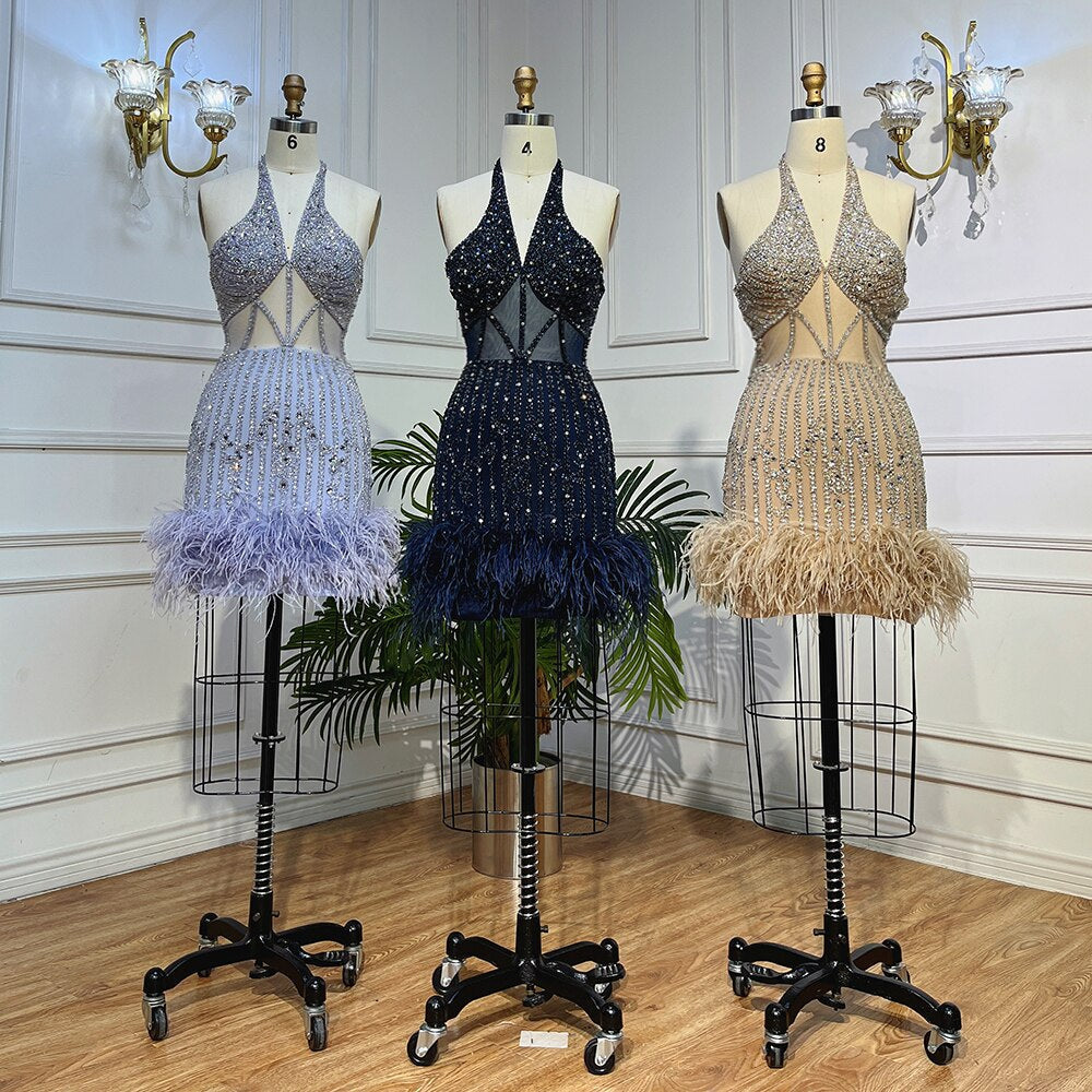 Lilac Sexy Mermaid Halter Off Shoulder Short Evening Dresses Luxury Beaded Feather Mini Gowns 2025 For Women Party LA72037