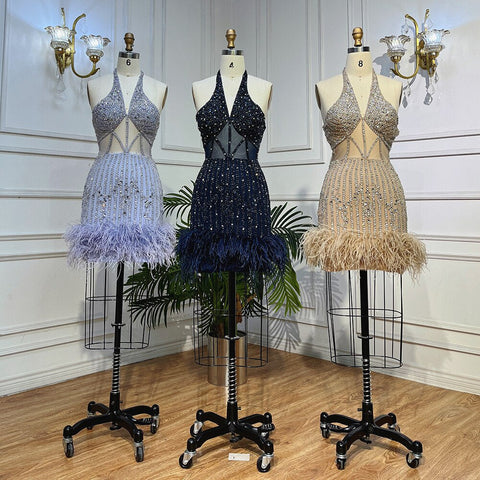Lilac Sexy Mermaid Halter Off Shoulder Short Evening Dresses Luxury Beaded Feather Mini Gowns 2025 For Women Party LA72037