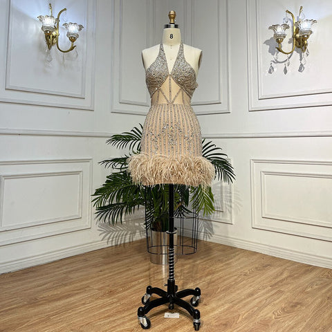 Lilac Sexy Mermaid Halter Off Shoulder Short Evening Dresses Luxury Beaded Feather Mini Gowns 2025 For Women Party LA72037