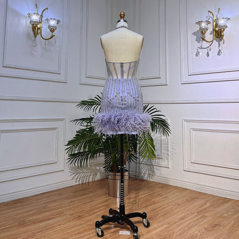 Lilac Sexy Mermaid Halter Off Shoulder Short Evening Dresses Luxury Beaded Feather Mini Gowns 2025 For Women Party LA72037