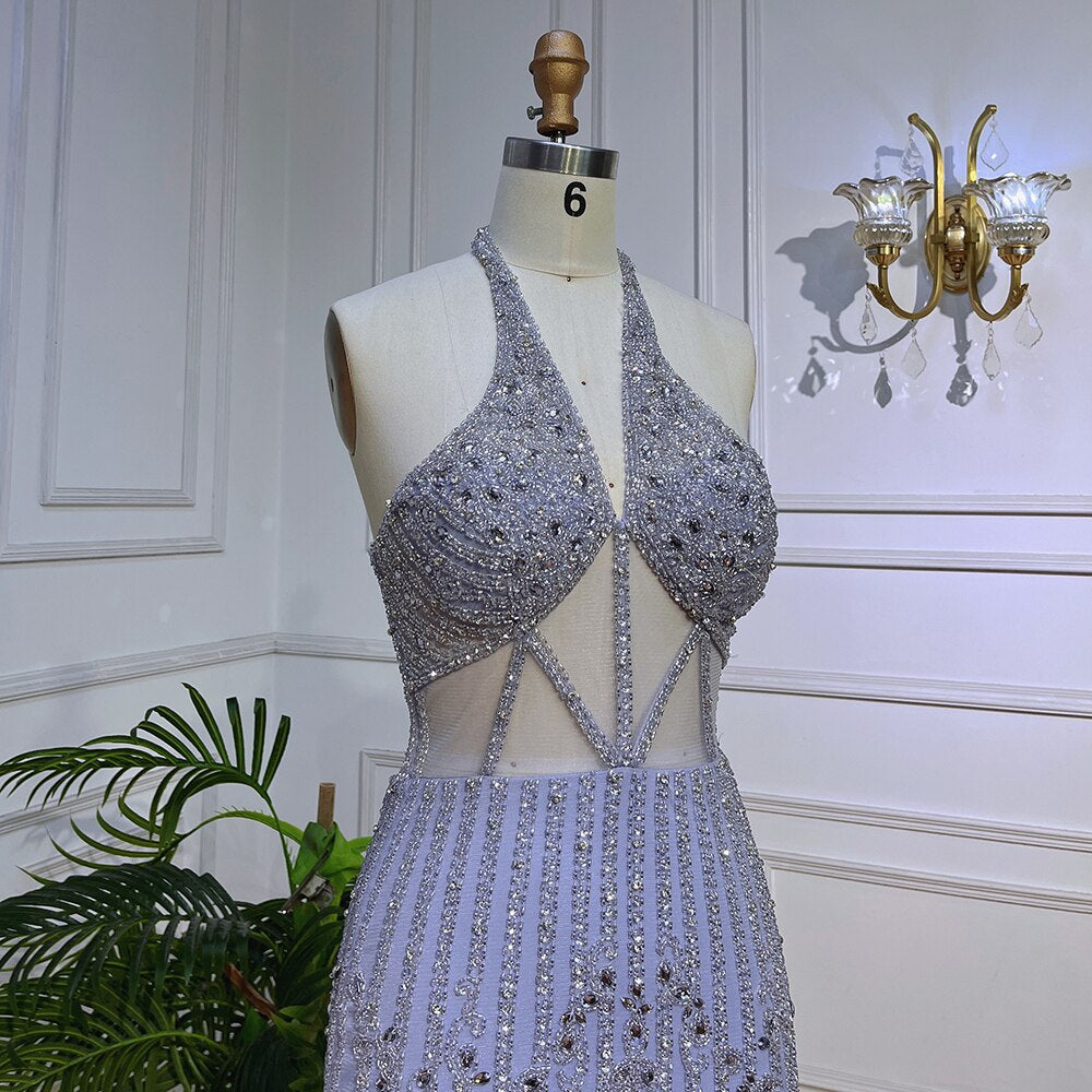 Lilac Sexy Mermaid Halter Off Shoulder Short Evening Dresses Luxury Beaded Feather Mini Gowns 2025 For Women Party LA72037