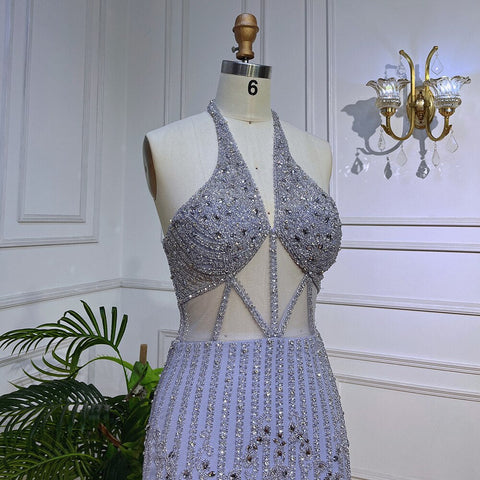 Lilac Sexy Mermaid Halter Off Shoulder Short Evening Dresses Luxury Beaded Feather Mini Gowns 2025 For Women Party LA72037