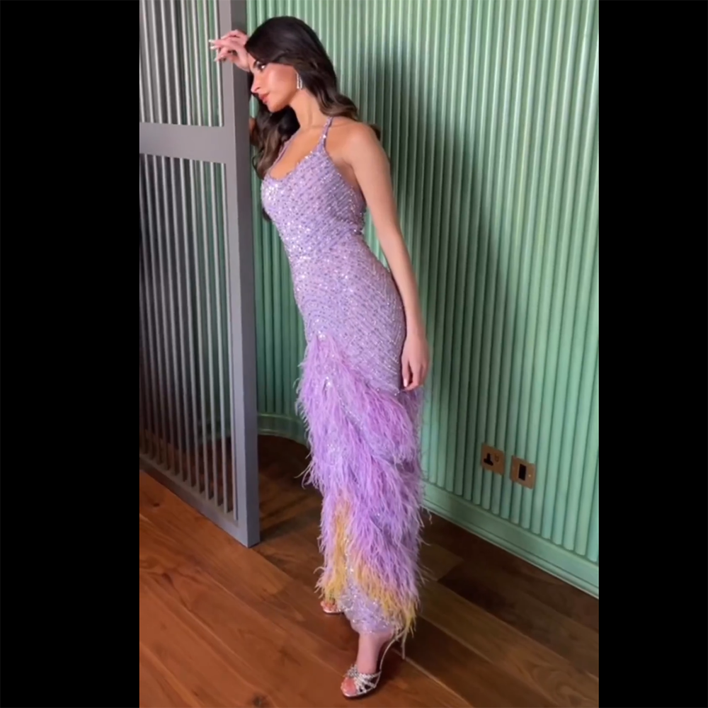 Feathers Lilac Evening Dresses Elegant Halter LA72056