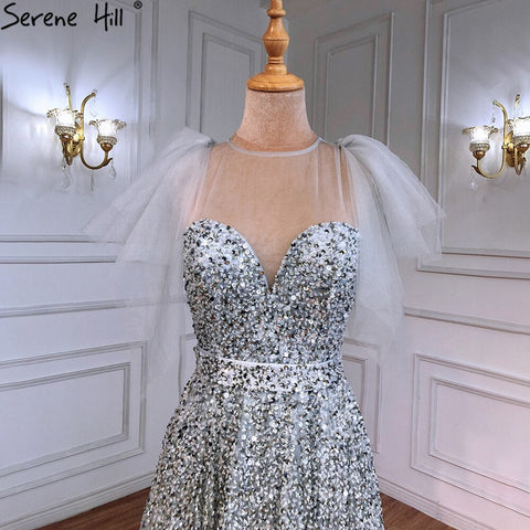 Luxury A-Line Grey Evening Dresses Gowns 2025 Beaded Detachable Sleeves For Women Party LA71354