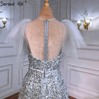 Luxury A-Line Grey Evening Dresses Gowns 2025 Beaded Detachable Sleeves For Women Party LA71354
