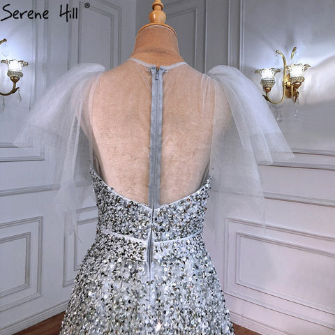 Luxury A-Line Grey Evening Dresses Gowns 2025 Beaded Detachable Sleeves For Women Party LA71354