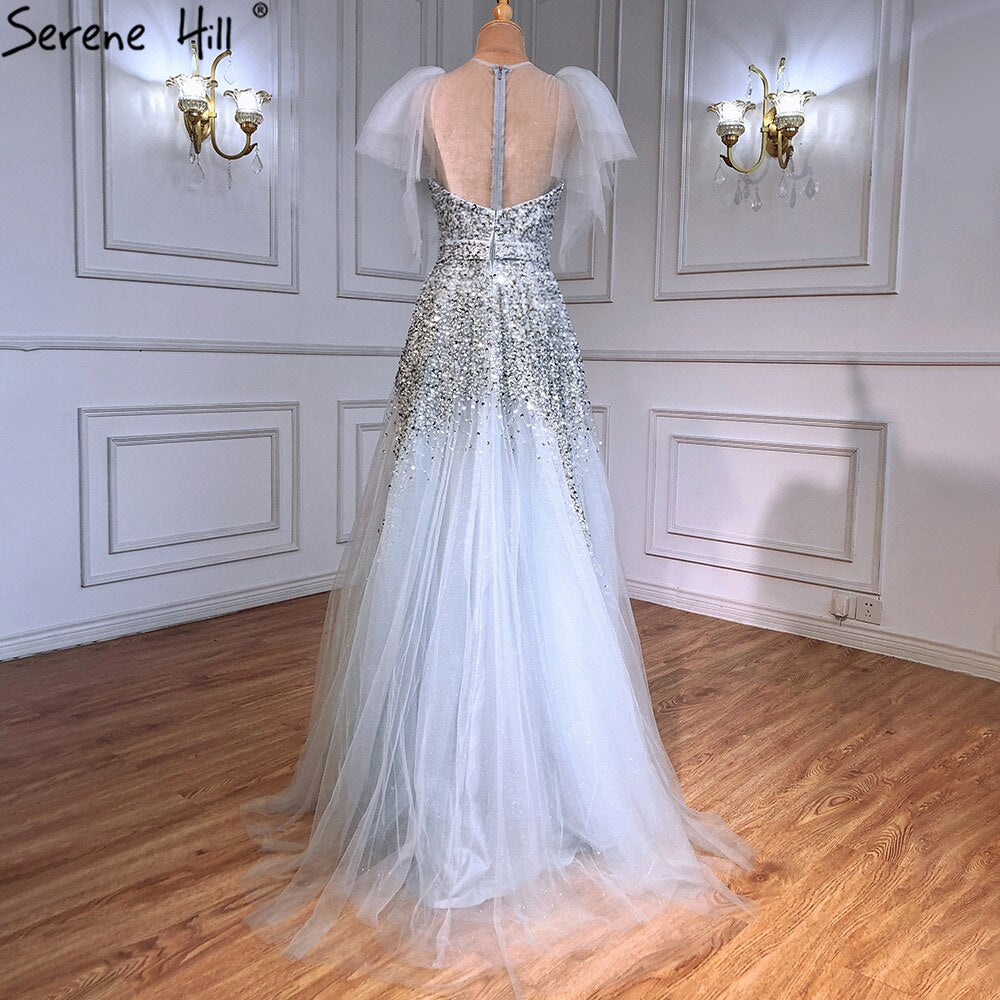 Luxury A-Line Grey Evening Dresses Gowns 2025 Beaded Detachable Sleeves For Women Party LA71354