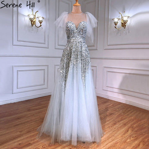 Luxury A-Line Grey Evening Dresses Gowns 2025 Beaded Detachable Sleeves For Women Party LA71354