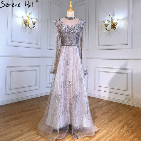 Luxury A-Line Silver Evening Dresses Gowns 2025 Beaded Cape Sleeve For Woman Party  LA71443