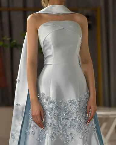 Luxury Peach  Satin Mermaid Evening Dress with Cape Saudi Arabic for Formal Occasion 2025 LA72483A