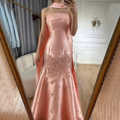 Luxury Peach  Satin Mermaid Evening Dress with Cape Saudi Arabic for Formal Occasion 2025 LA72483A