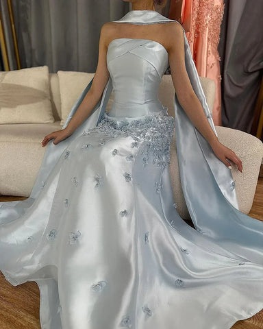 Luxury Peach  Satin Mermaid Evening Dress with Cape Saudi Arabic for Formal Occasion 2025 LA72483A