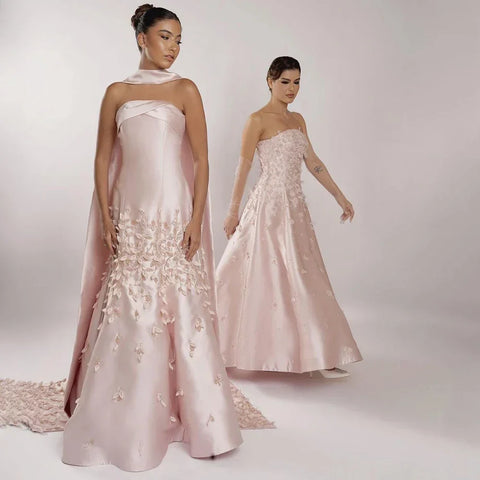 Luxury Peach  Satin Mermaid Evening Dress with Cape Saudi Arabic for Formal Occasion 2025 LA72483A