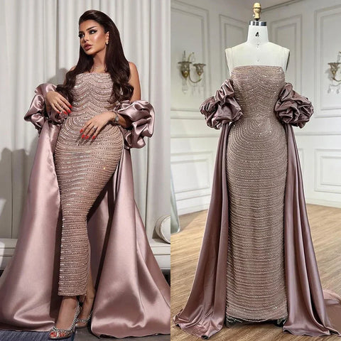 Luxury Arabic Dusty Rose Evening Dresses with Cape Dubai Elegant Strapless Midi Women Wedding Party Gowns LA72543