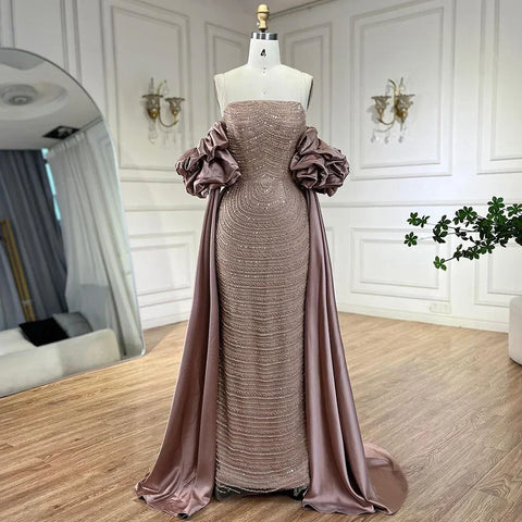 Luxury Arabic Dusty Rose Evening Dresses with Cape Dubai Elegant Strapless Midi Women Wedding Party Gowns LA72543