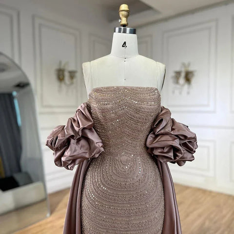 Luxury Arabic Dusty Rose Evening Dresses with Cape Dubai Elegant Strapless Midi Women Wedding Party Gowns LA72543