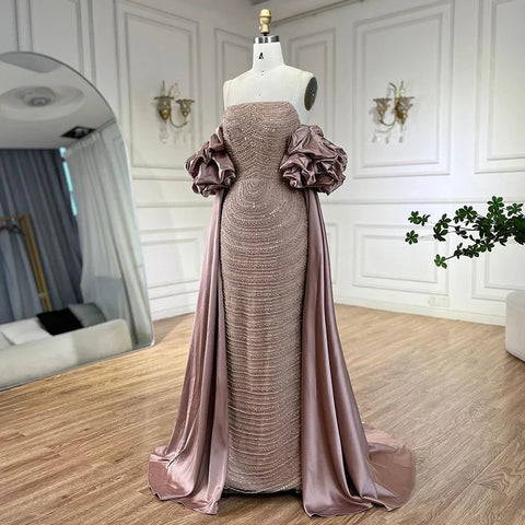 Luxury Arabic Dusty Rose Evening Dresses with Cape Dubai Elegant Strapless Midi Women Wedding Party Gowns LA72543