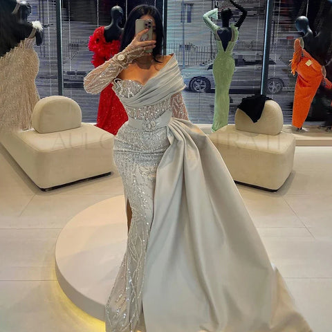 Luxury Arabic Nude Pearls Beaded Evening Dresses Dubai Elegant One Shoulder Women Wedding Party Gowns 2025 LA72486