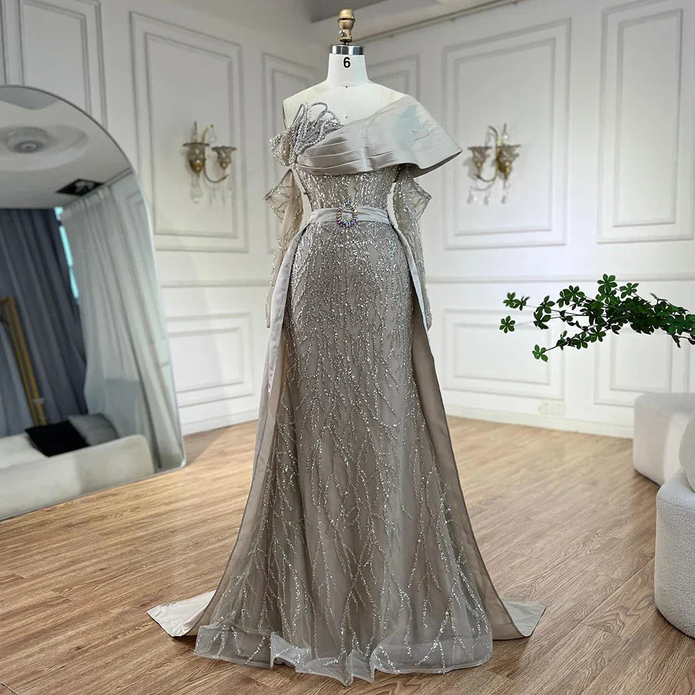 Luxury Arabic Nude Pearls Beaded Evening Dresses Dubai Elegant One Shoulder Women Wedding Party Gowns 2025 LA72486