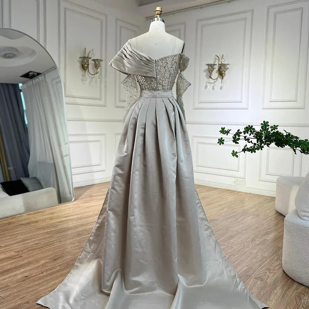 Luxury Arabic Nude Pearls Beaded Evening Dresses Dubai Elegant One Shoulder Women Wedding Party Gowns 2025 LA72486