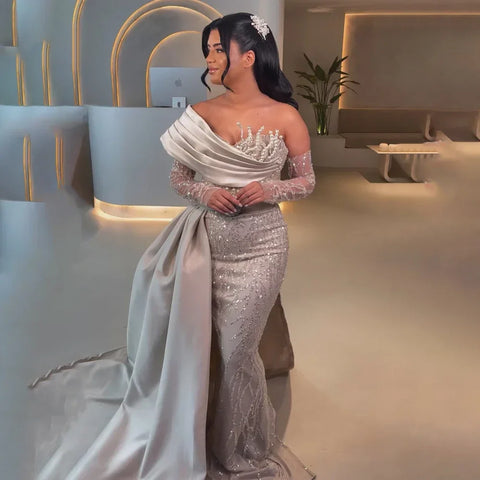 Luxury Arabic Nude Pearls Beaded Evening Dresses Dubai Elegant One Shoulder Women Wedding Party Gowns 2025 LA72486