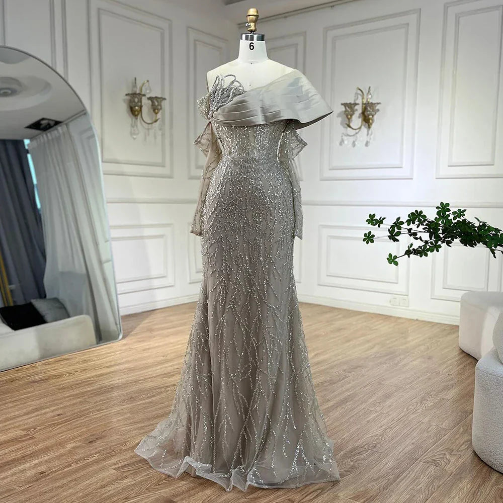 Luxury Arabic Nude Pearls Beaded Evening Dresses Dubai Elegant One Shoulder Women Wedding Party Gowns 2025 LA72486