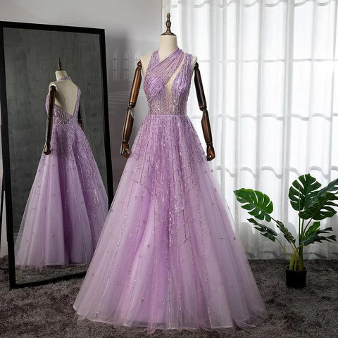 Robe de soirée de luxe lilas perlée pour femme, tenue de mariage, LA71778 