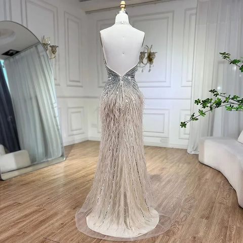 Luxury Beaded Feather Beige High Split Mermaid Evening Dresses Gowns Backless 2025 For Women Party LA70623B