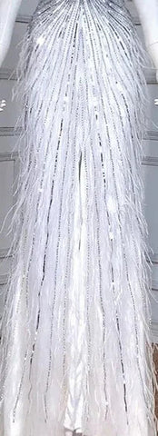 Luxury Beaded Feather Beige High Split Mermaid Evening Dresses Gowns Backless 2025 For Women Party LA70623B