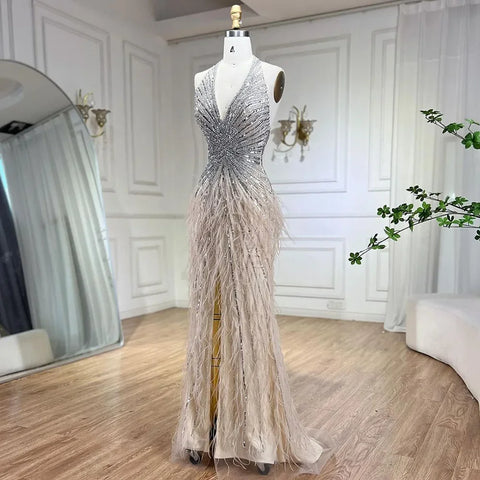 Luxury Beaded Feather Beige High Split Mermaid Evening Dresses Gowns Backless 2025 For Women Party LA70623B