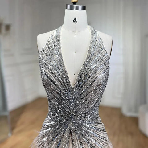 Luxury Beaded Feather Beige High Split Mermaid Evening Dresses Gowns Backless 2025 For Women Party LA70623B