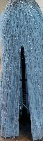 Luxury Beaded Feather Beige High Split Mermaid Evening Dresses Gowns Backless 2025 For Women Party LA70623B