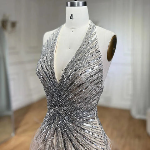 Luxury Beaded Feather Beige High Split Mermaid Evening Dresses Gowns Backless 2025 For Women Party LA70623B