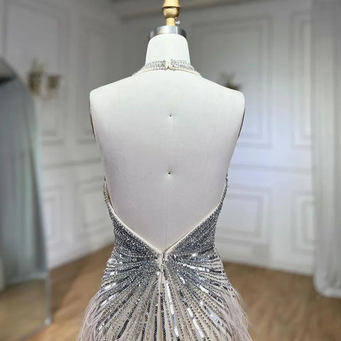 Luxury Beaded Feather Beige High Split Mermaid Evening Dresses Gowns Backless 2025 For Women Party LA70623B