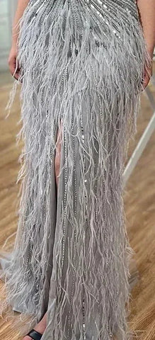 Luxury Beaded Feather Beige High Split Mermaid Evening Dresses Gowns Backless 2025 For Women Party LA70623B