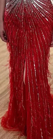 Luxury Beaded Feather Beige High Split Mermaid Evening Dresses Gowns Backless 2025 For Women Party LA70623B