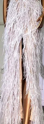 Luxury Beaded Feather Beige High Split Mermaid Evening Dresses Gowns Backless 2025 For Women Party LA70623B