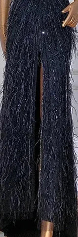 Luxury Beaded Feather Beige High Split Mermaid Evening Dresses Gowns Backless 2025 For Women Party LA70623B