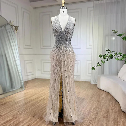 Luxury Beaded Feather Beige High Split Mermaid Evening Dresses Gowns Backless 2025 For Women Party LA70623B