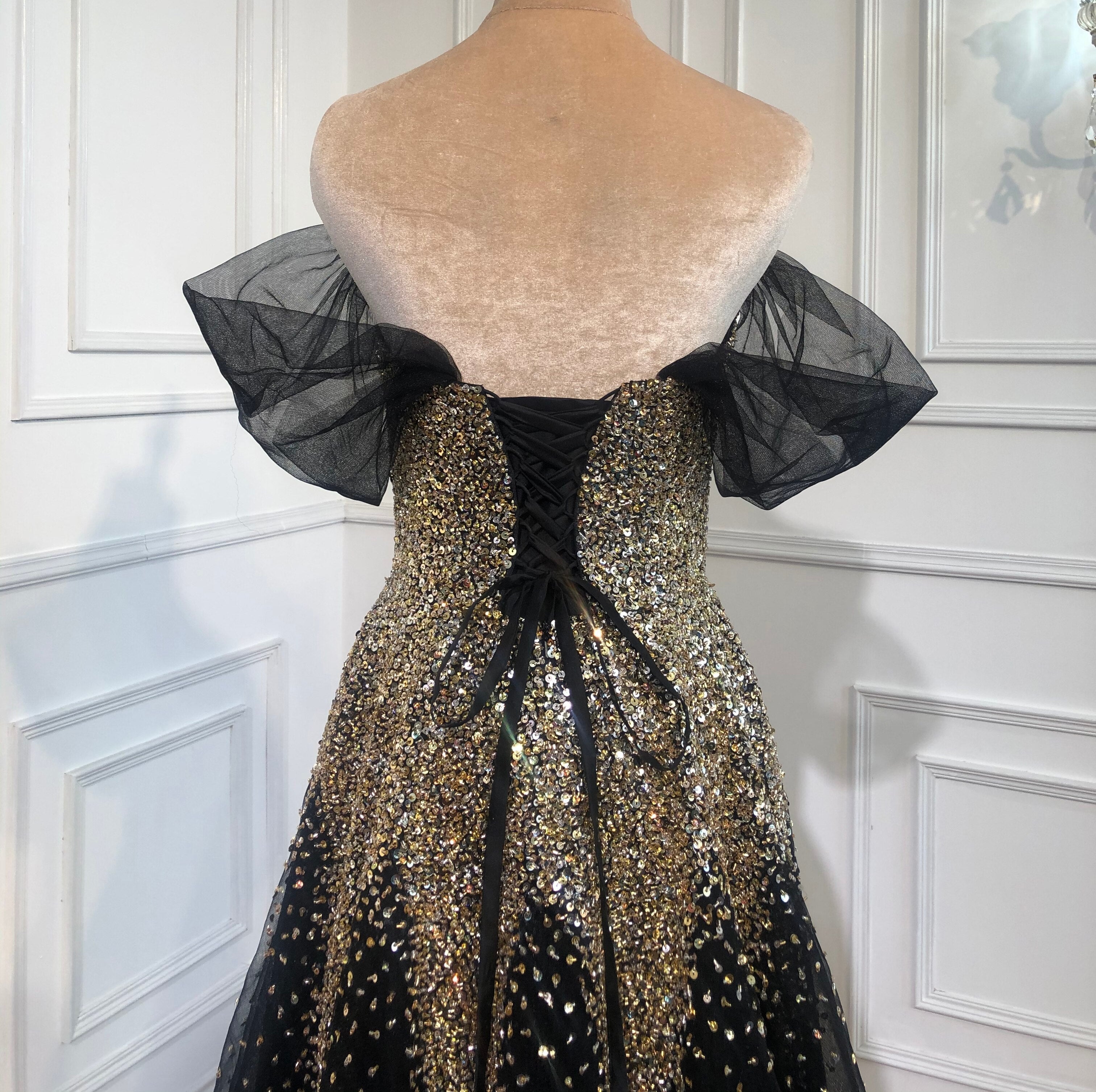 Luxury Black Gold A-line Evening Dresses Gowns 2025 Sparkle Beading Sexy For Women Party Dress LA70838