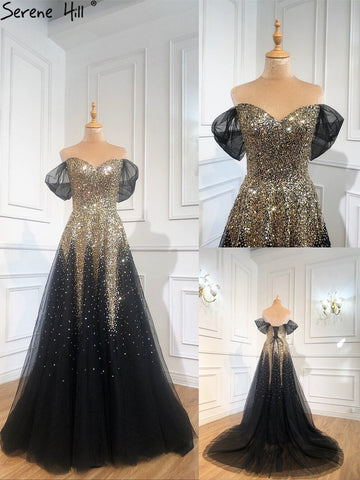 Luxury Black Gold A-line Evening Dresses Gowns 2025 Sparkle Beading Sexy For Women Party Dress LA70838