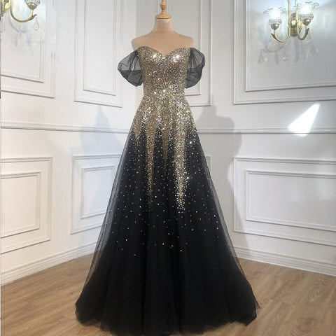 Luxury Black Gold A-line Evening Dresses Gowns 2025 Sparkle Beading Sexy For Women Party Dress LA70838