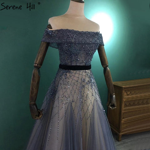 Luxury Blue A-Line Evening Dresses Gowns 2025 Beaded Bling Off Shoulder For Women Party LA71192