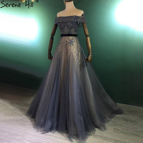 Luxury Blue A-Line Evening Dresses Gowns 2025 Beaded Bling Off Shoulder For Women Party LA71192