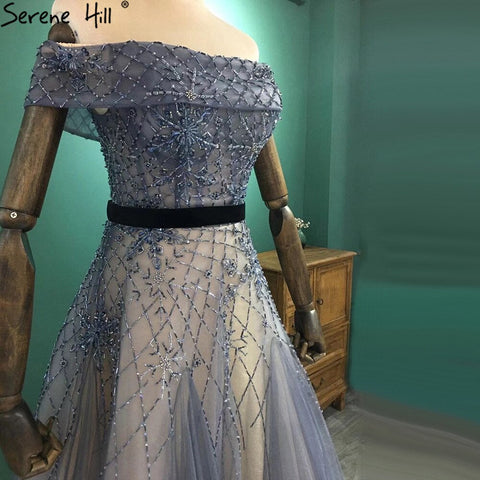 Luxury Blue A-Line Evening Dresses Gowns 2025 Beaded Bling Off Shoulder For Women Party LA71192
