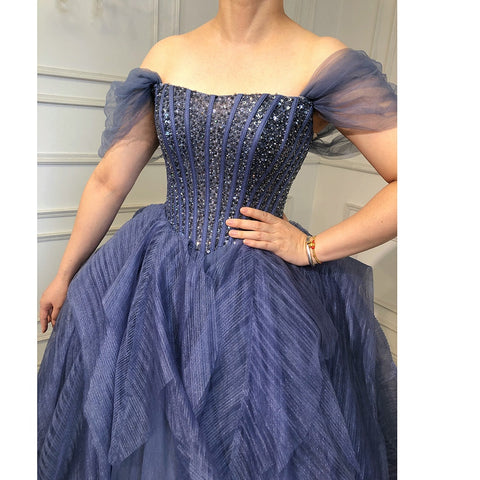 Luxury Blue Beading Evening Dresses Srtapless Sexy Ball Gowns 2025 For Women Party LA70936