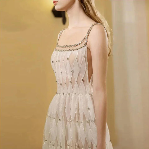 Luxury Crystal Dubai White Evening Dresses for Women Wedding Sqaure Neckline Midi Formal Prom Party Gown LA72473