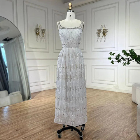 Luxury Crystal Dubai White Evening Dresses for Women Wedding Sqaure Neckline Midi Formal Prom Party Gown LA72473